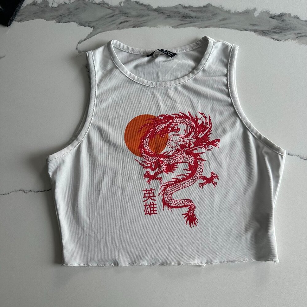 SHEIN | Cropped Tank Top | Small | White/Red - Dragon print | Stretch Cotton